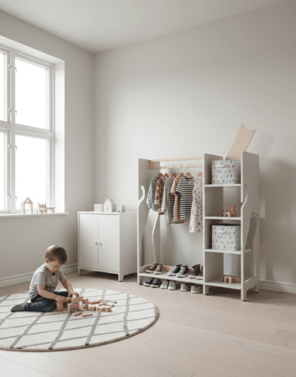 Medinė montessori spinta-kabykla su lentynomis drabužiams ir batams