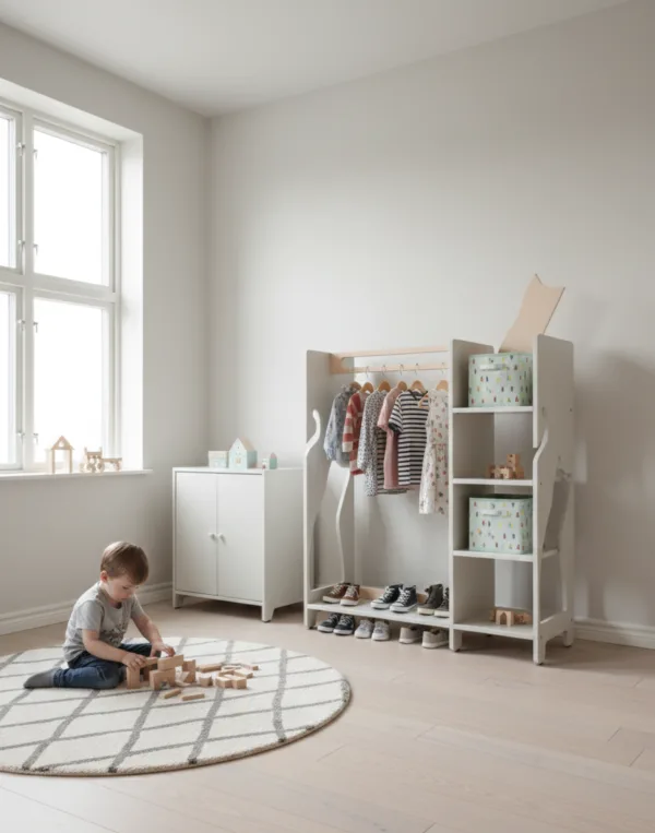 Medinė montessori spinta-kabykla su lentynomis drabužiams ir batams
