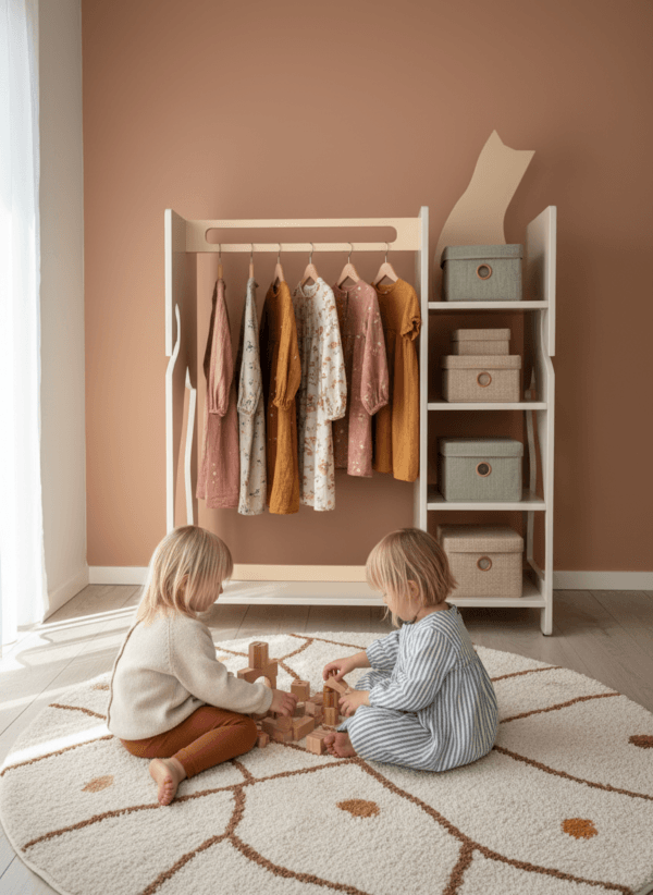 atvira lentyna - spinta vaiku drabuziams pasikabinti, fone zaidzia du vaikai