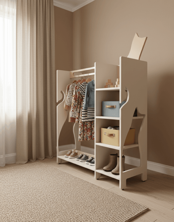 Atvira montessori spinta-kabykla vaikų kambario tvarkai palaikyti