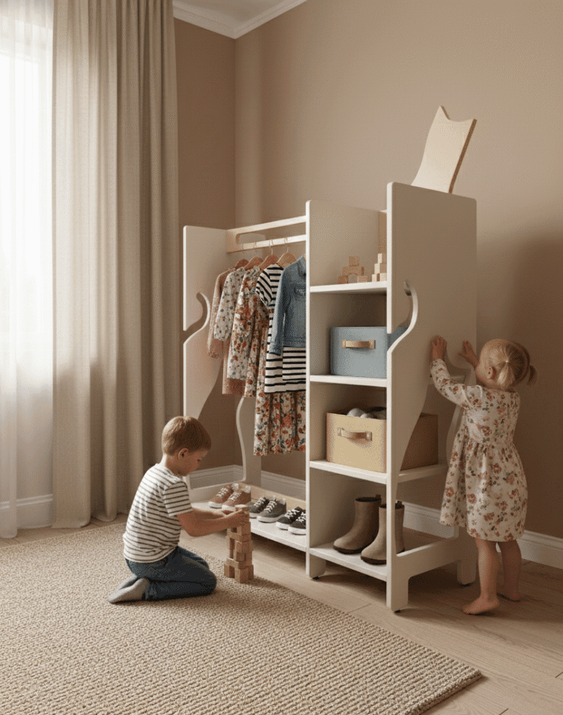 Montessori spinta-kabykla su drabužių kabykla ir erdviomis lentynomis