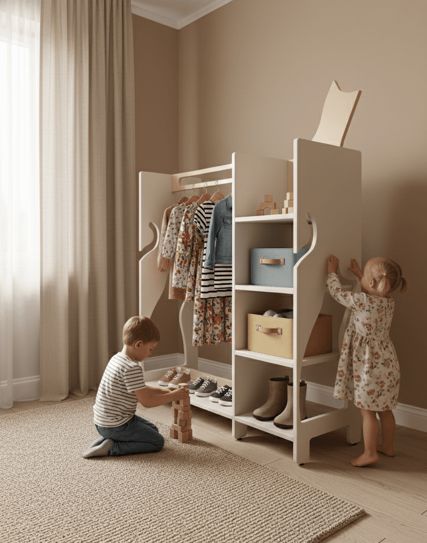 Montessori spinta-kabykla su drabužių kabykla ir erdviomis lentynomis