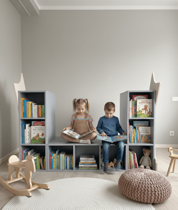 vaikiska komoda su knygomis ir zaislais, vaikai sedi ir skaito knyga