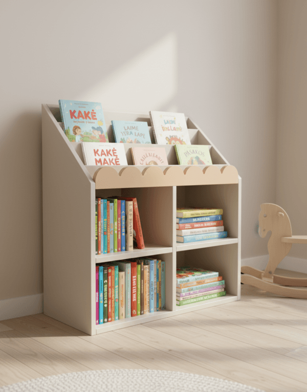 Vaikiška knygų lentyna vaikų kambaryje, tvarkinga ir estetiška
