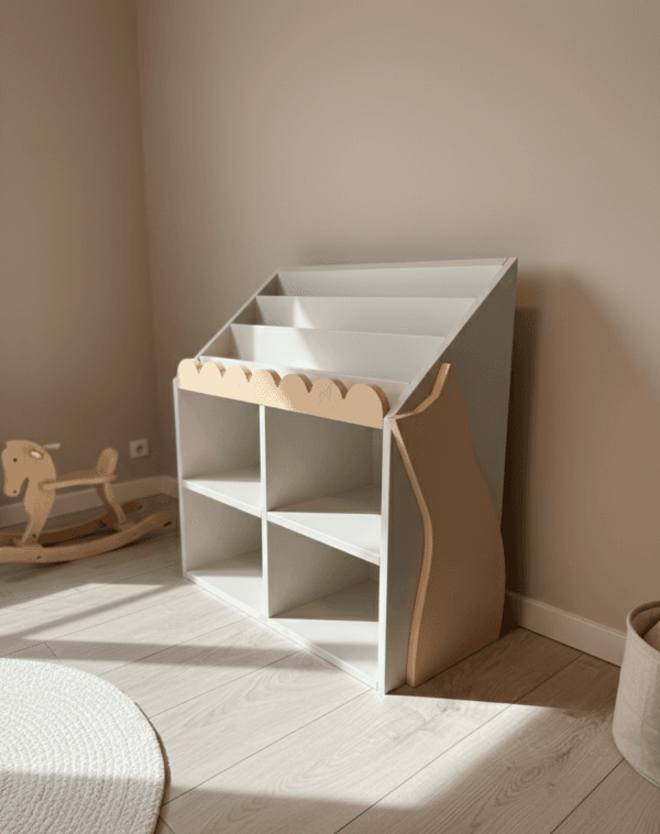 Vaikiška knygų lentyna iš tvirtos medienos, Montessori stiliaus. su katinu