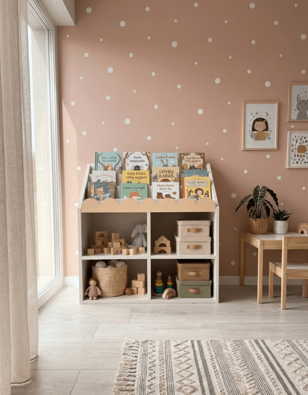 Vaikiška knygų lentyna Montessori stiliumi, pilnas vaizdas