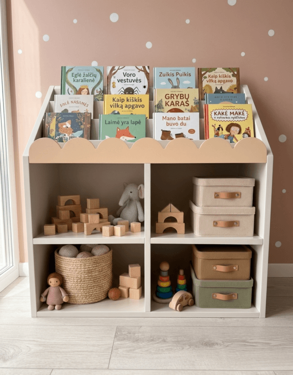 Vaikiška knygų lentyna su knygomis viršutinėse lentynose