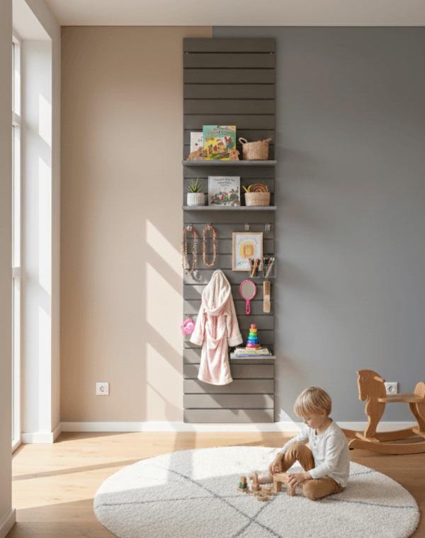 slatwall sistema su kabliukais, pakabinti daiktai, vaikas sedi sone