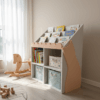 Vaikiška knygų lentyna su žaislų organizavimu apatinėse lentynose