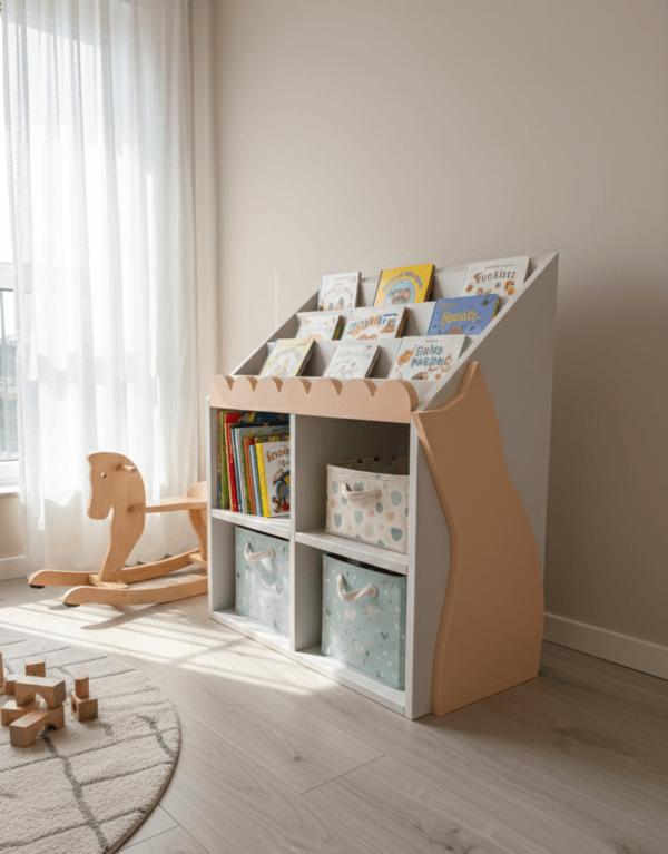 Vaikiška knygų lentyna su žaislų organizavimu apatinėse lentynose