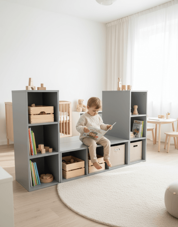 Funkcinė dvipusė montessori komoda su vaiku sedinčiu ant suoliuko